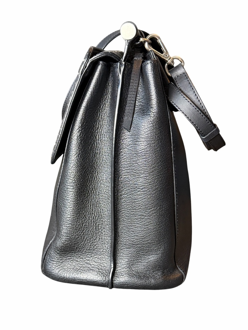 Black Leather Shoulder Bag with Grey Croc-Embossed Flap - Picture 3 of 15